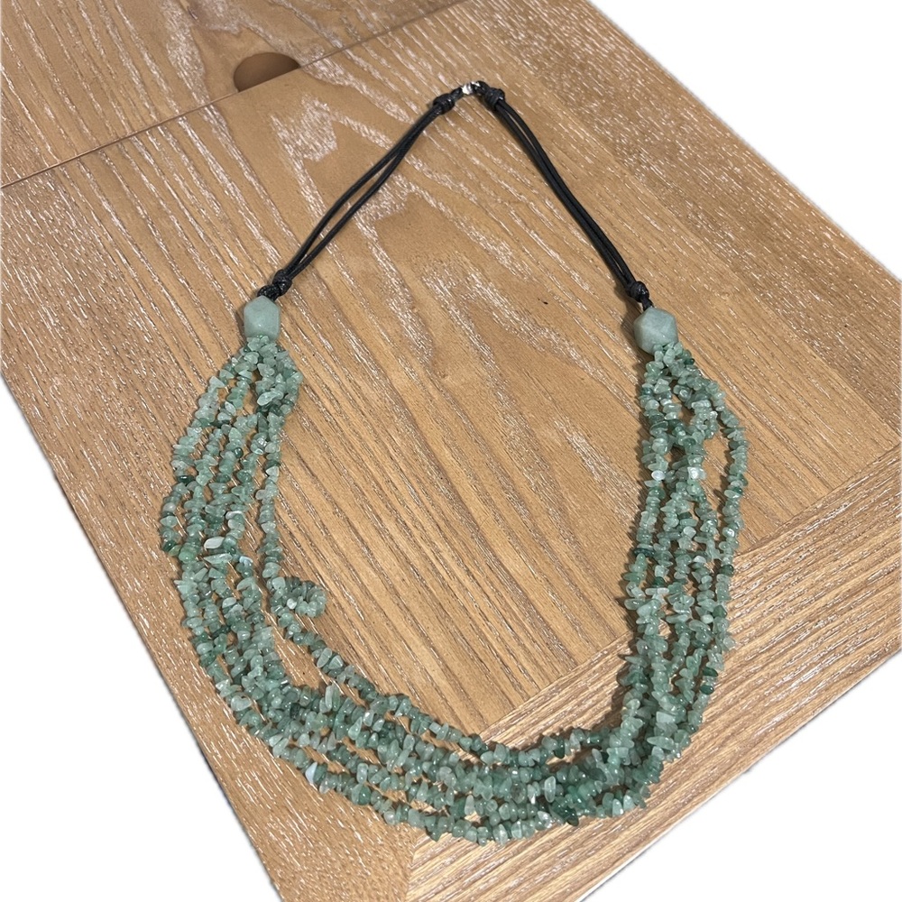 Multi-strand Blue/Green Aventurine Chip & Black Woven Cord Necklace